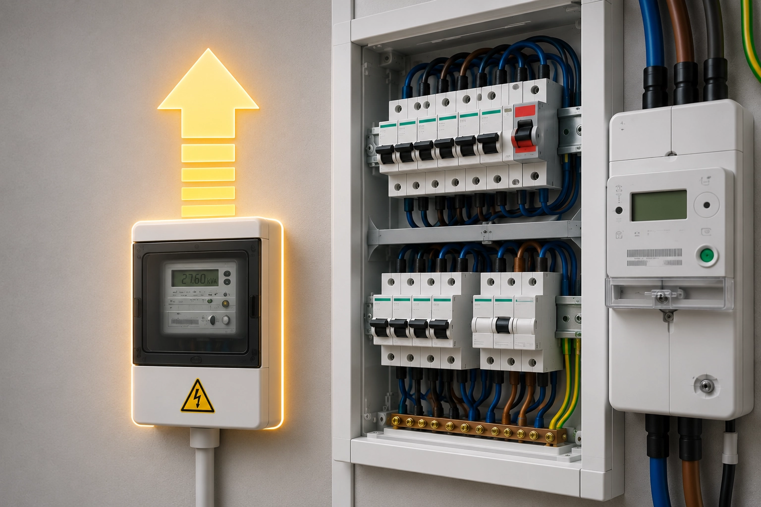 Ilustração de contadores e quadros elétricos com uma seta a simbolizar o aumento de potência