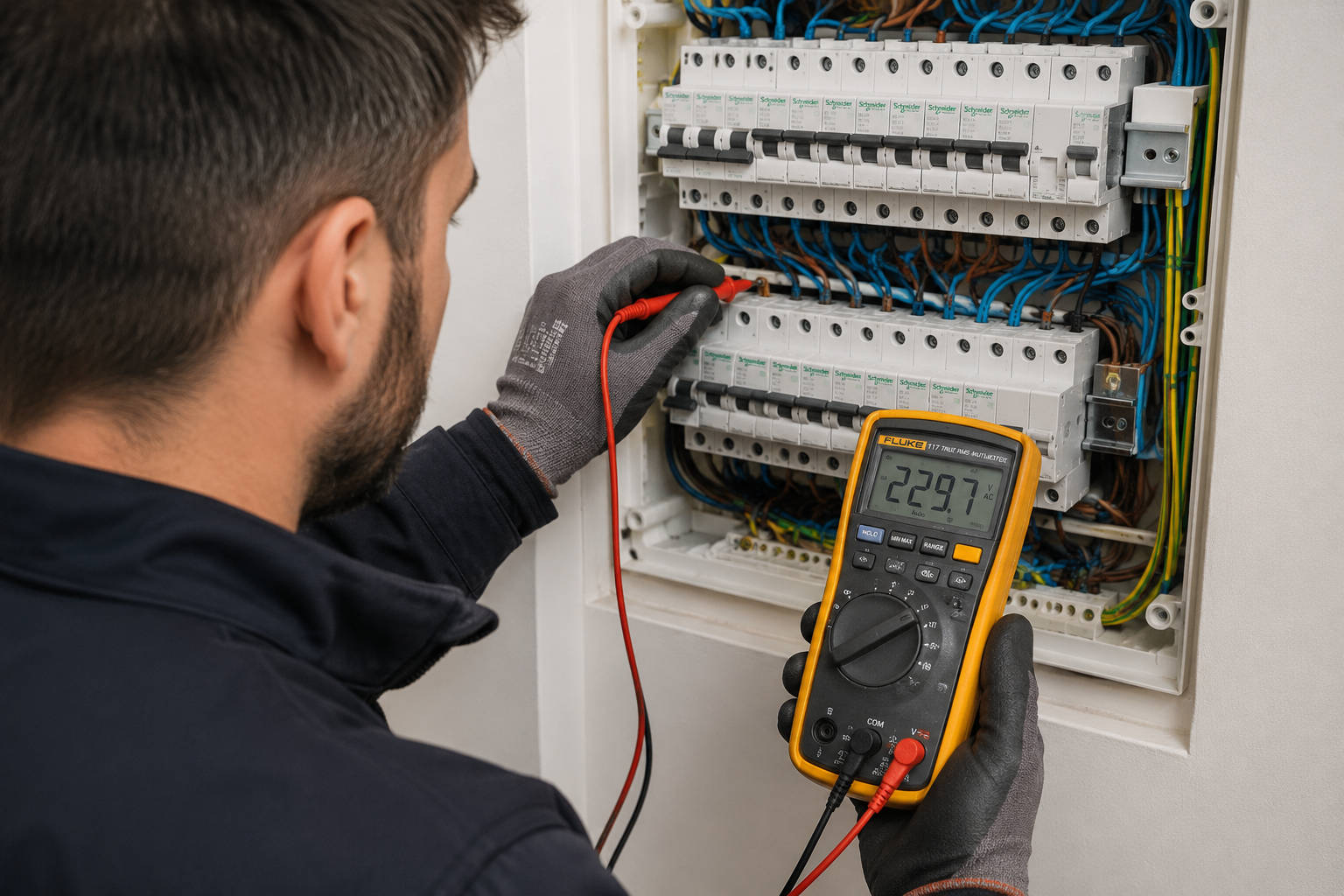 Eletricista a realizar uma reparação elétrica